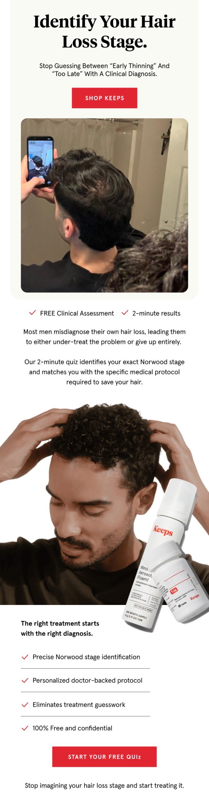 Keeps email design: the headline Identify your hair loss stage, photos of a man checking his hairline, Keeps treatment products and a free quiz button.