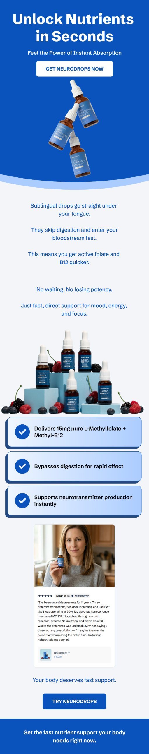 Neurodrops email design: a blue header reading Unlock nutrients in seconds, dropper bottles, three benefit cards and a customer review.