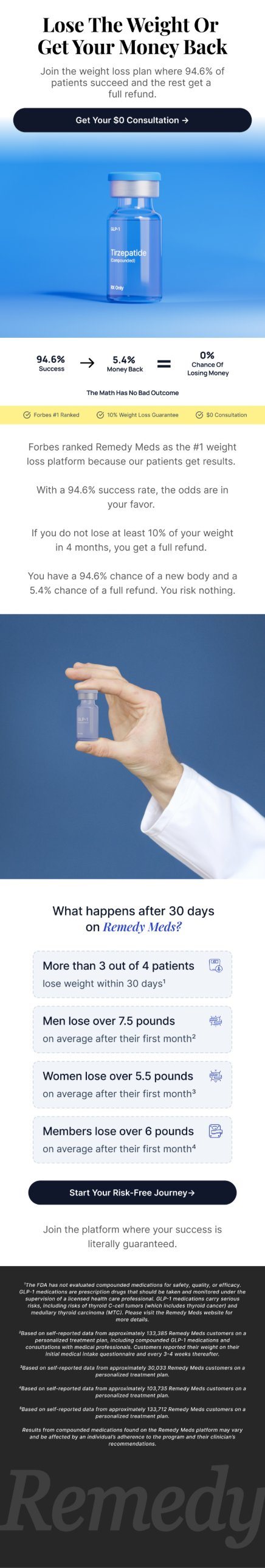 Remedy Meds email design: the headline Lose the weight or get your money back, a medication vial, success-rate figures and a results checklist.